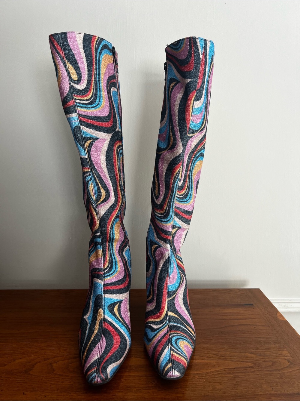 Gianni Bini Cat-Walk Glitter Swirl Knee-High Boots Retro 70s Groovy Statemen